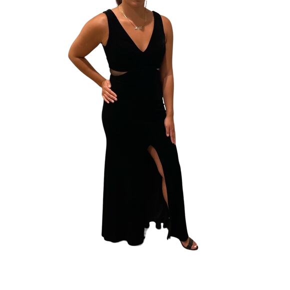 Aqua Women's Black Velvet Full-Length Mesh Inset Evening Dress Size 4 - Picture 8 of 15